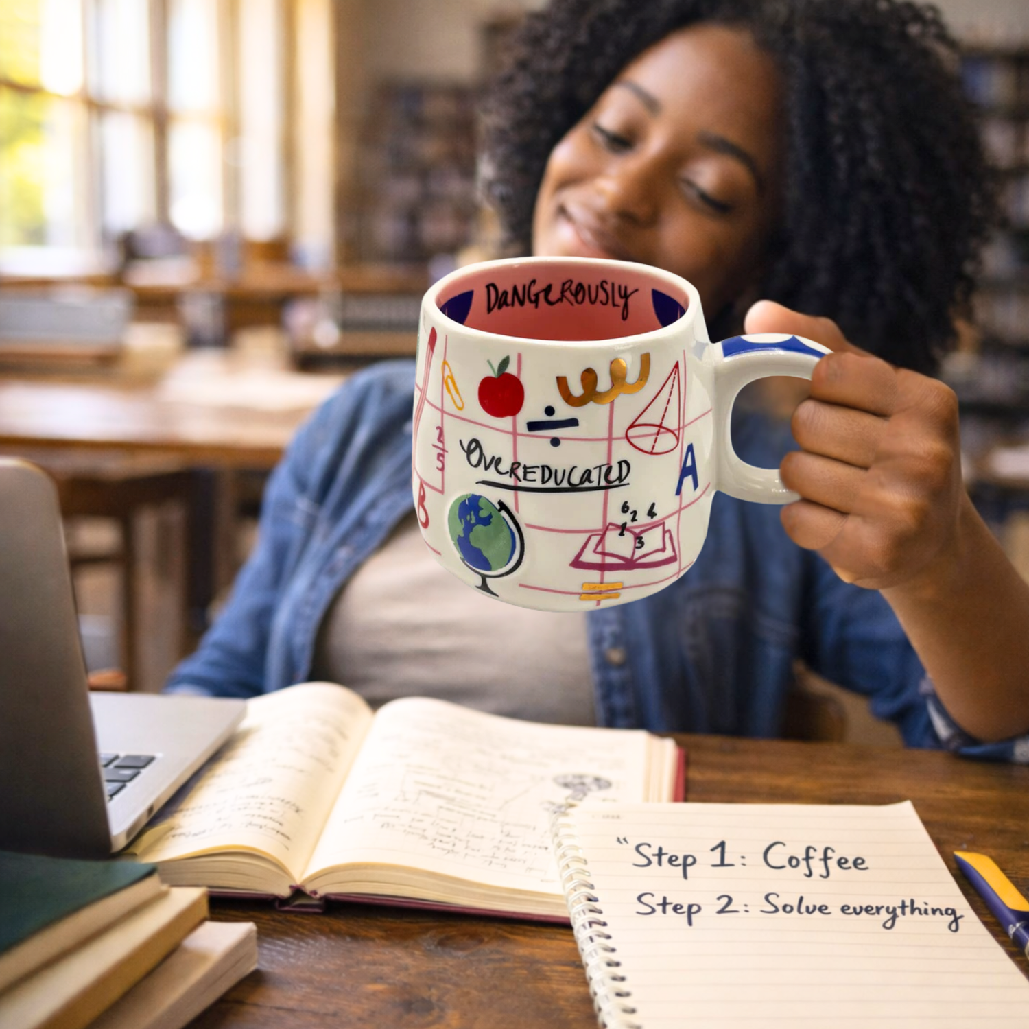 Young Lady holding a mug with educational designs in a library setting