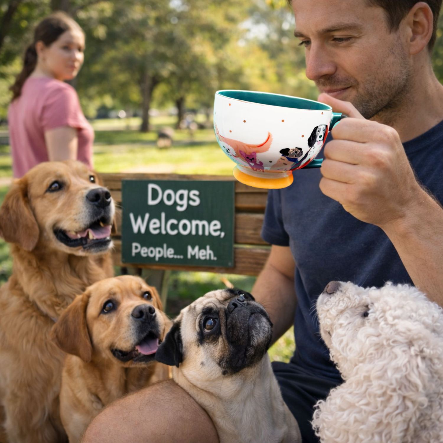 Man holding a colorful mug with dogs sitting around him, sign reading 'Dogs Welcome, People... Meh.' in the background.