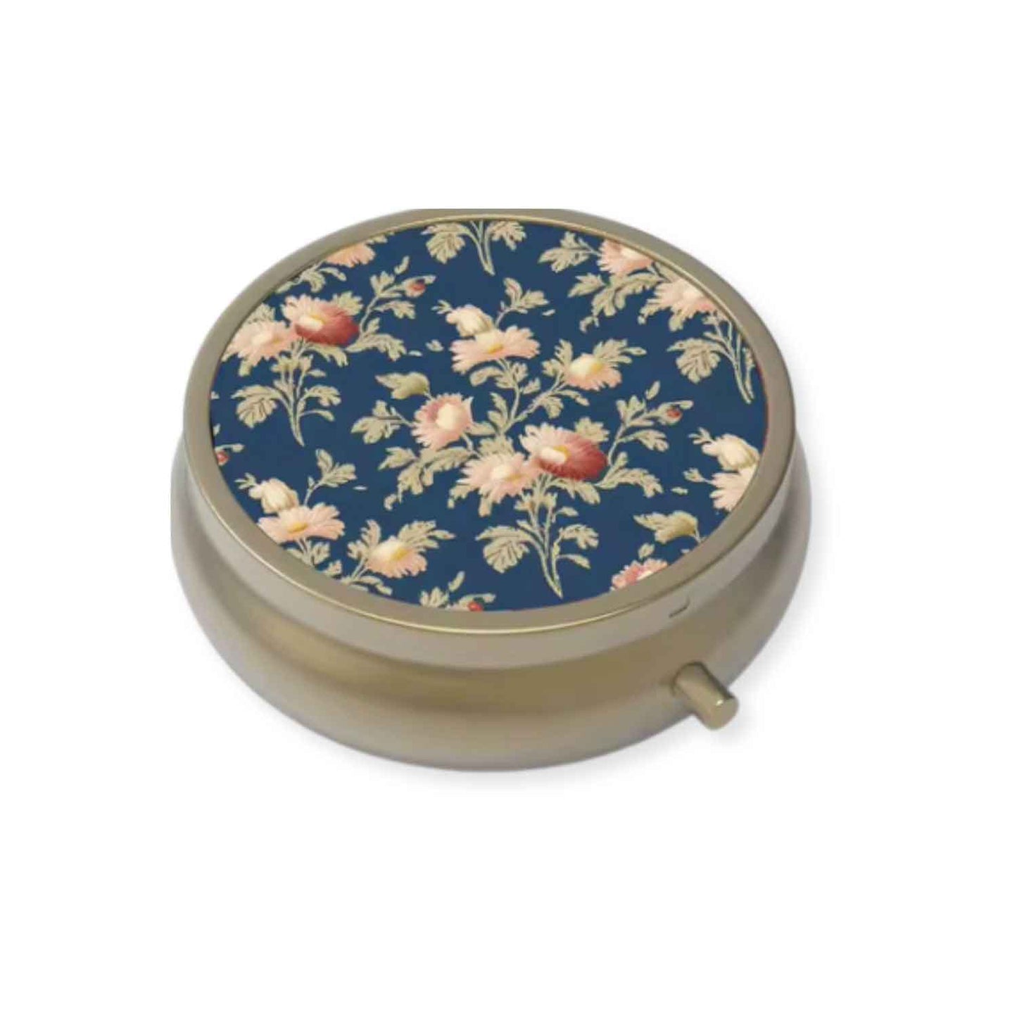 Closed round dark blue floral pillbox with vintage botanical pattern