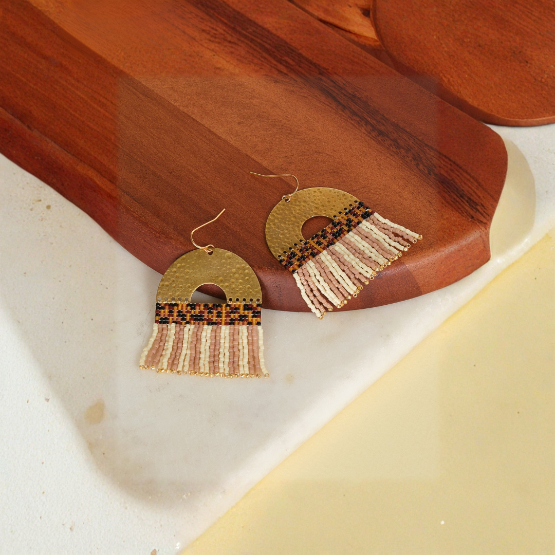 Striped Fringe Earrings (Tan /Cream)