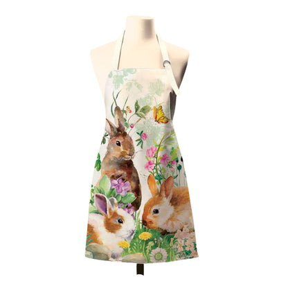 Apron with rabbit and floral design on a mannequin against a white background