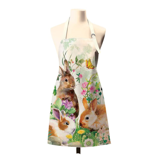 Apron with rabbit and floral design on a mannequin against a white background