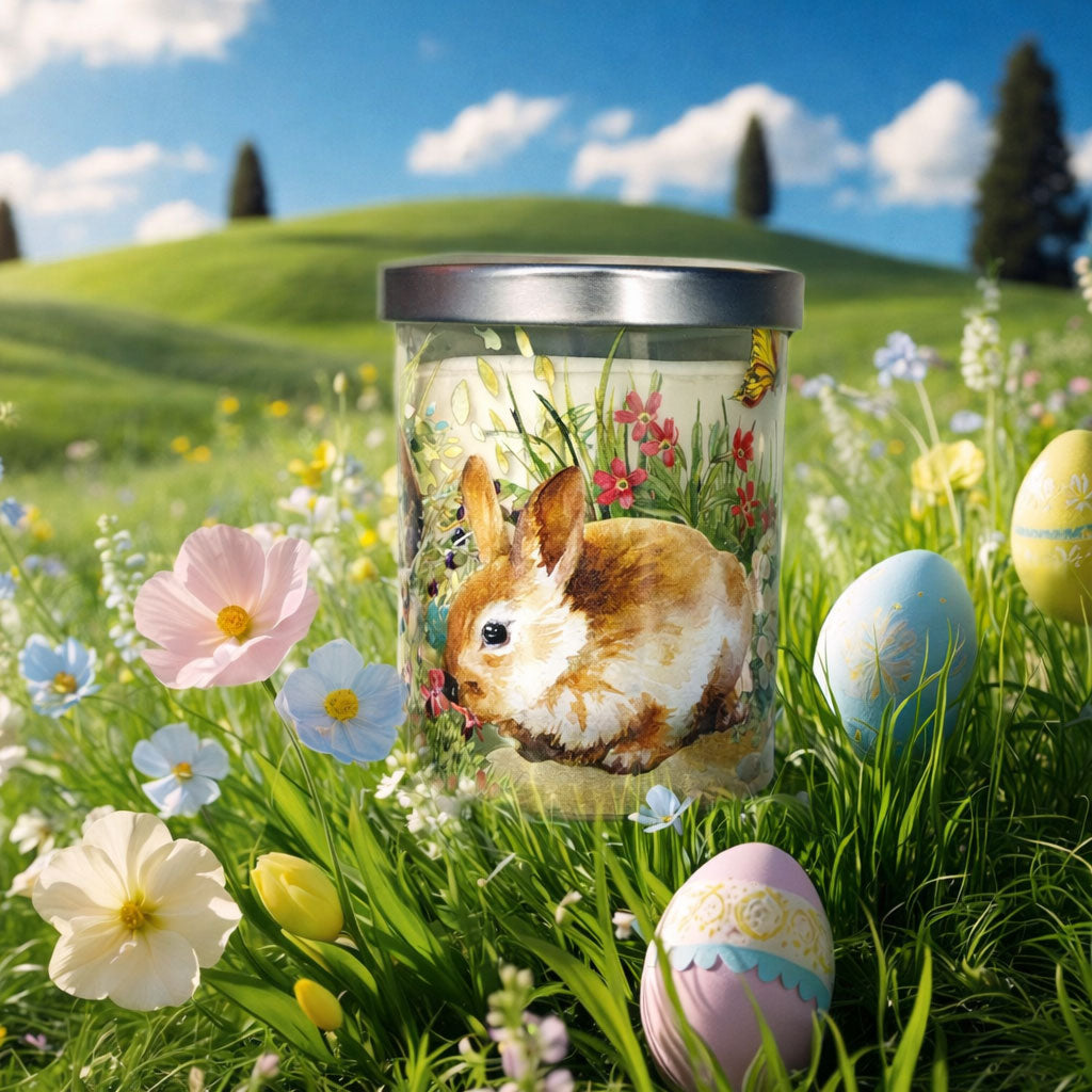 Candle jar with a rabbit design in a field with Easter eggs and flowers