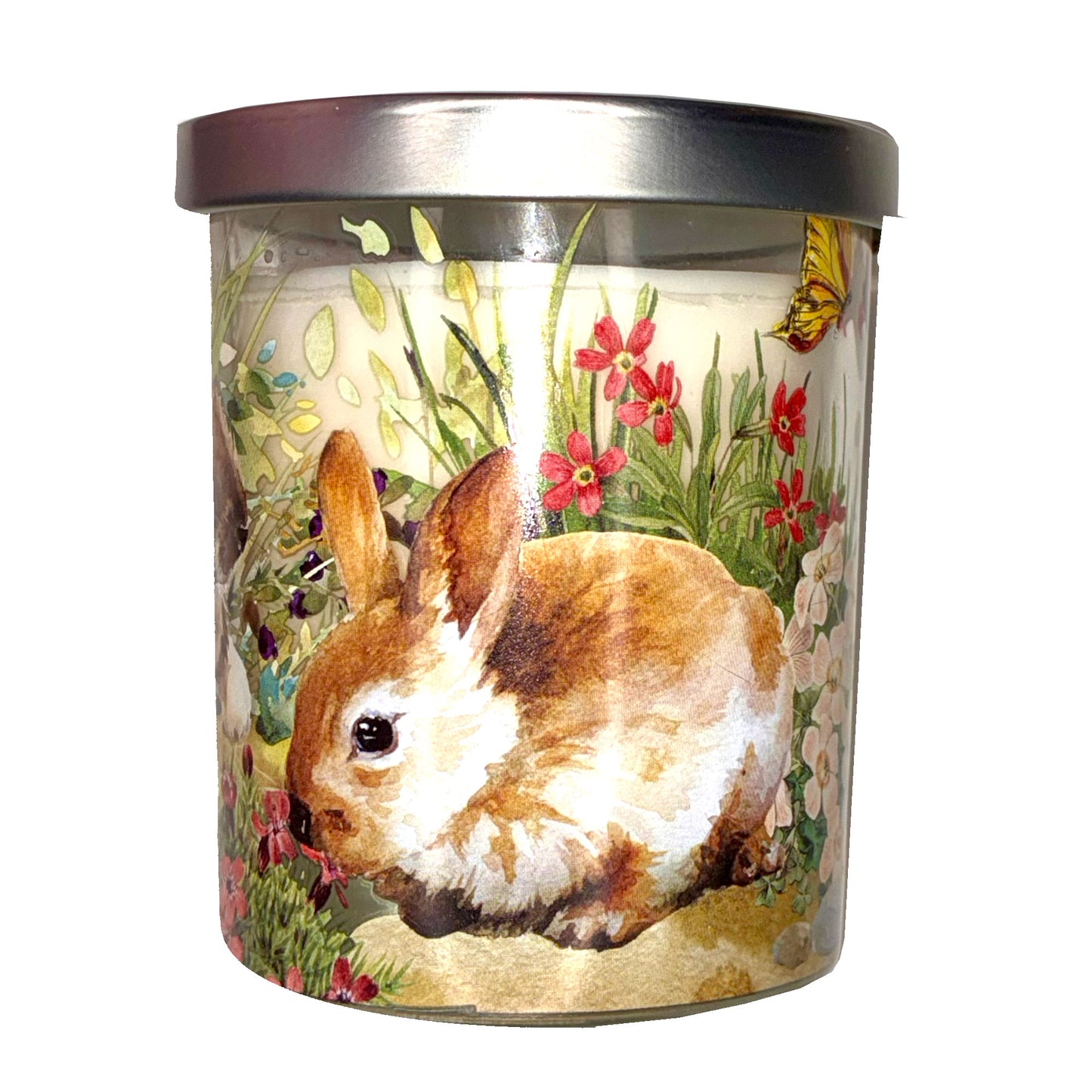 Candle jar with a rabbit and floral design on a white background