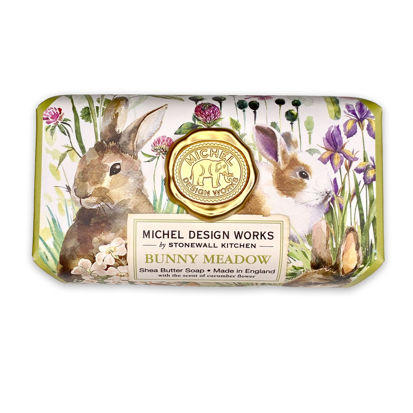 Bar of soap with rabbit design and ' ' on a white background