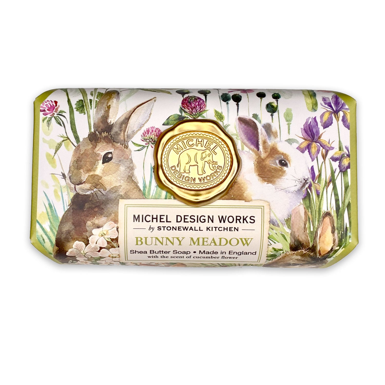 Bar of soap with rabbit design and ' ' on a white background