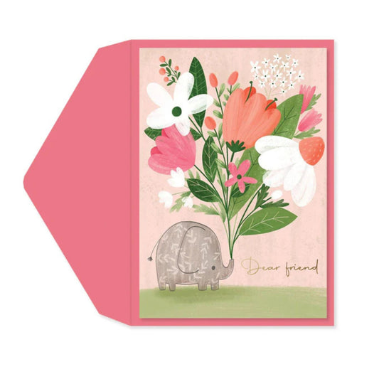 Card with floral design and elephant illustration on a pink background