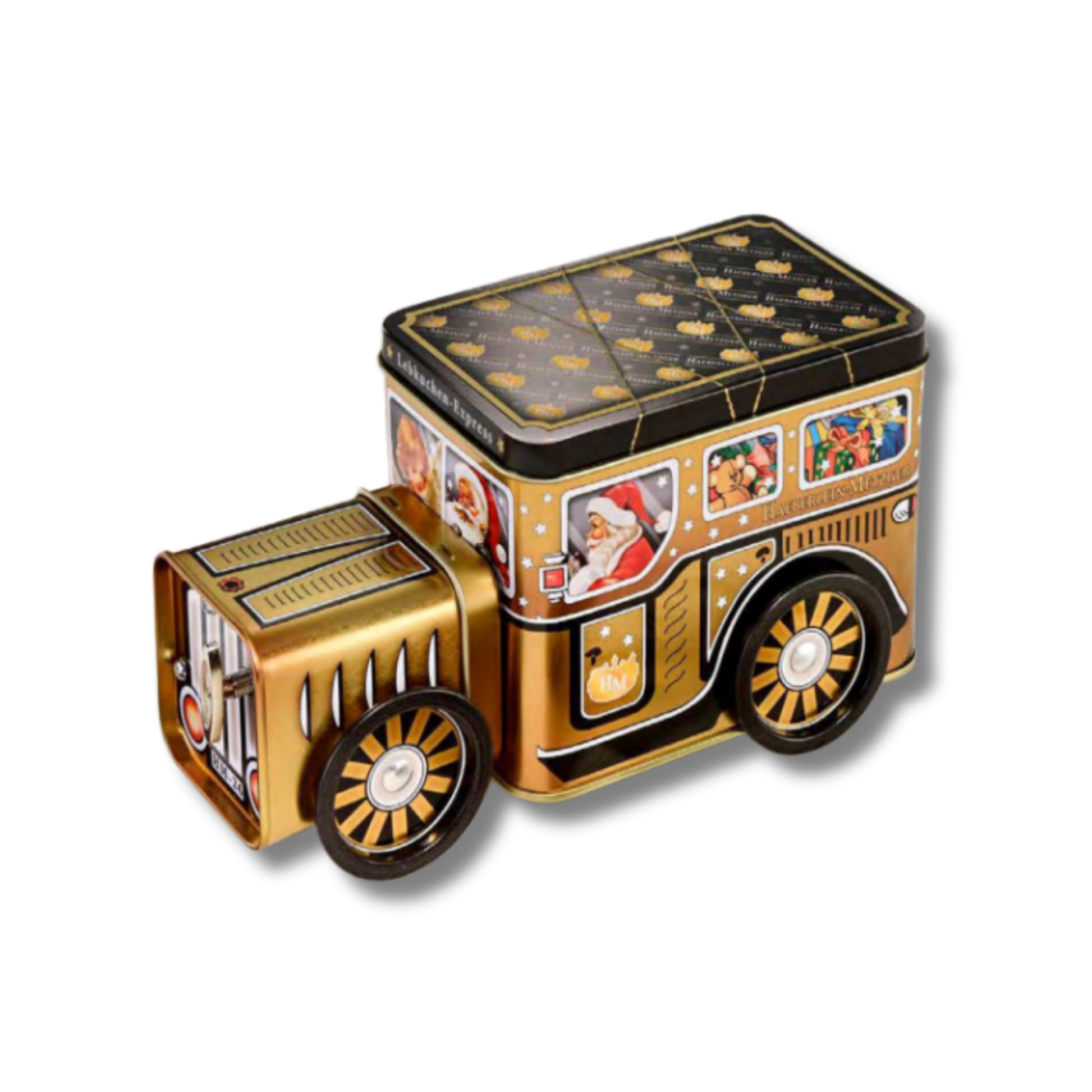 Decorative tin box shaped like a vintage car with festive designs on a white background