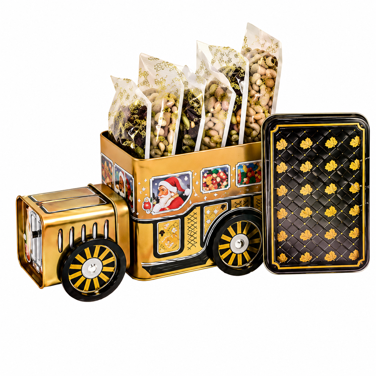 Gold toy truck filled with chrismas cookies and a black and gold tray on a white background