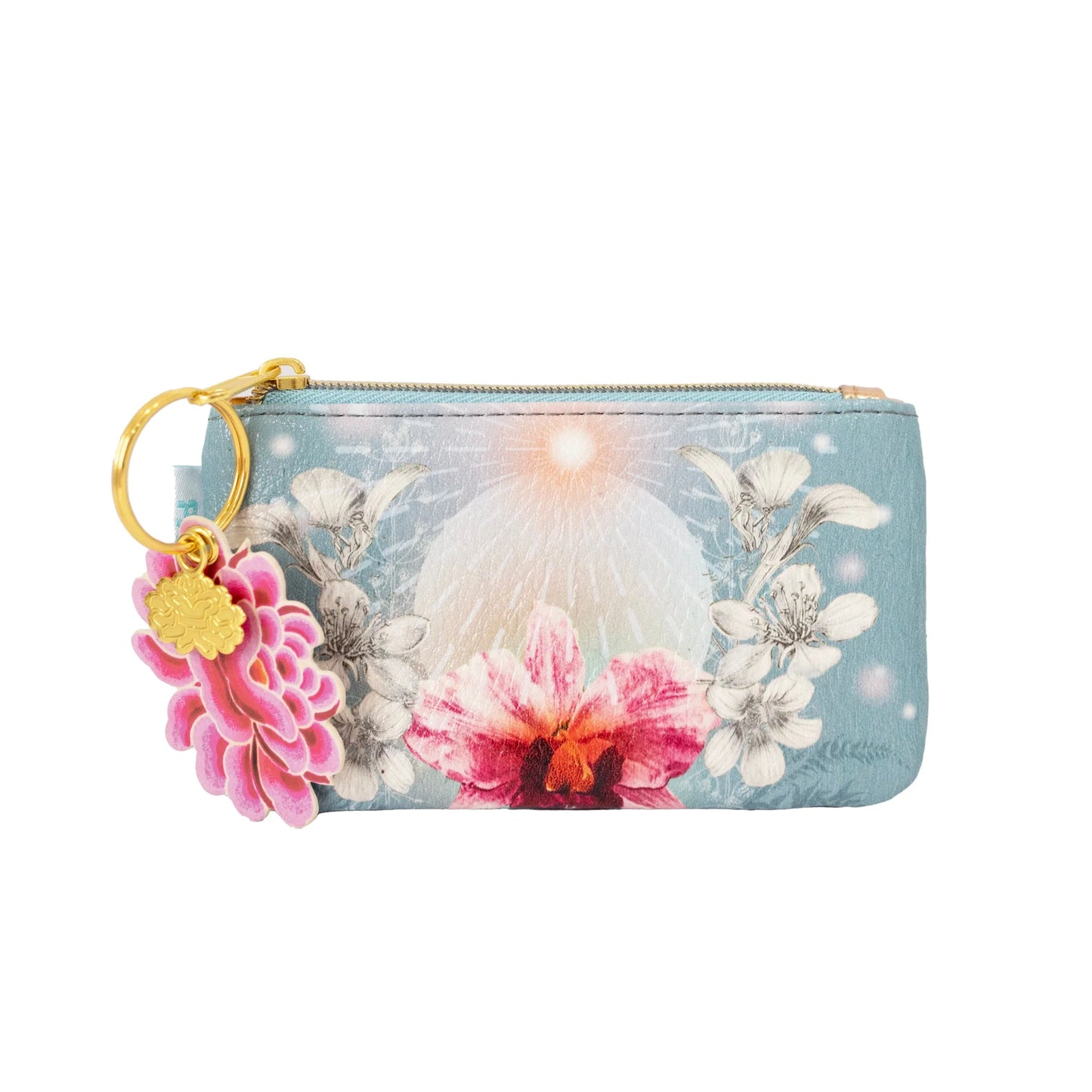 Floral pouch with keychain on a white background