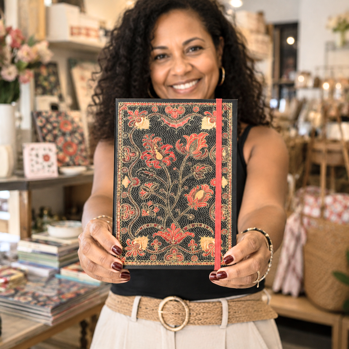 Woman holding the decorative French Mosaic journal in a store setting