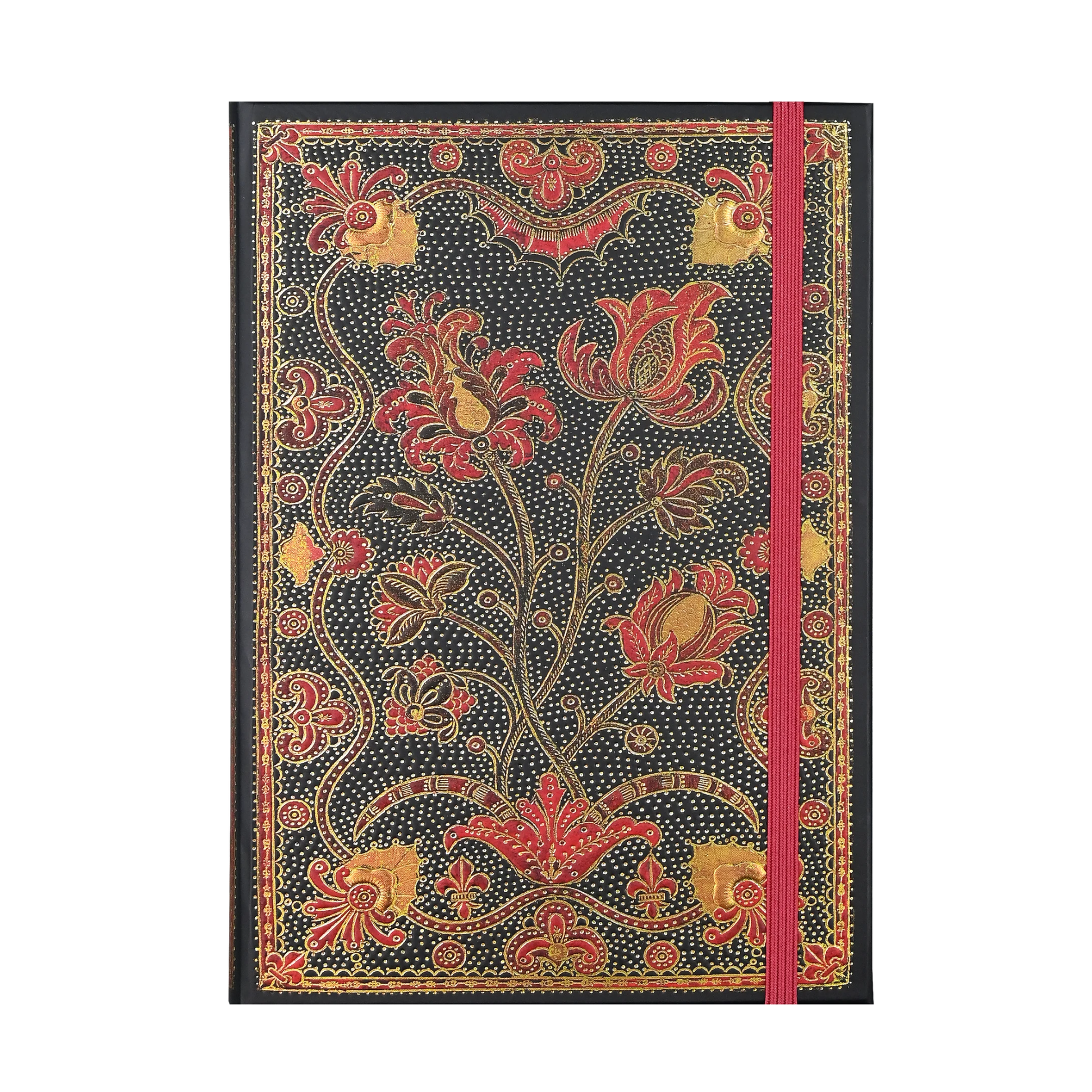 Decorative notebook with floral patterns and a red ribbon on a white background