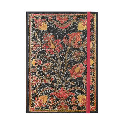 Decorative notebook with floral patterns and a red ribbon on a white background