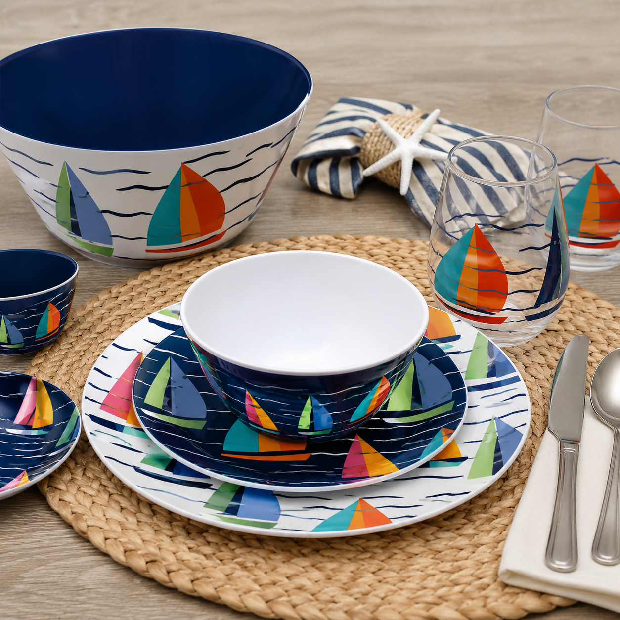 A coordinated nautical tableware set with a sailboat print, shown on a woven placemat over a light wood table. The set includes a large bowl, plates, a cup, a glass, a small bowl, and cutlery, all decorated with blue, white, and colorful sailboats.