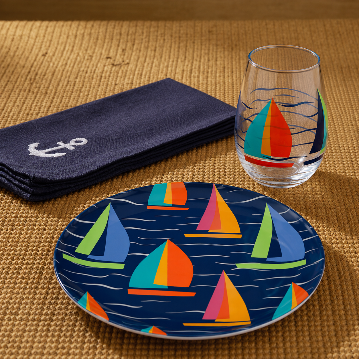 A nautical-themed dinnerware set on a woven tan placemat, featuring a round plate with colorful sailboats on a dark blue background, a matching stemless wine glass, and a folded dark blue napkin with a white anchor.