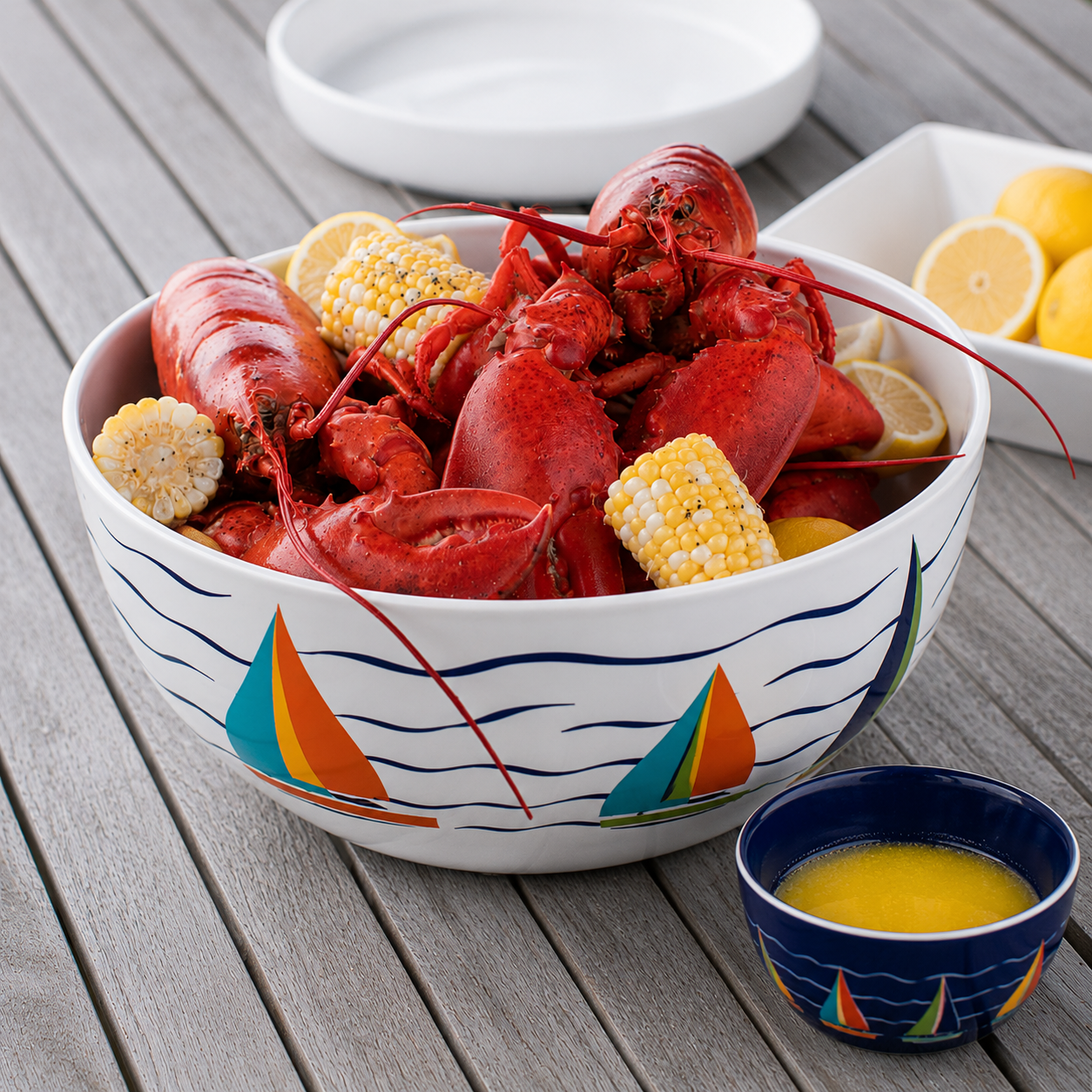 A white ceramic bowl with colorful sailboat patterns, filled with cooked lobster, corn on the cob, and lemons, set on a gray wooden table next to a small dipping sauce bowl.