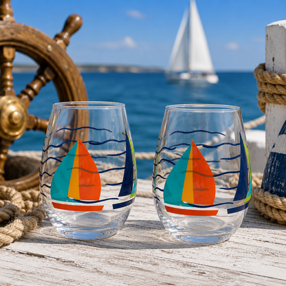 Two clear stemless wine glasses with colorful sailboat and wave designs, set on a rustic wooden surface with a nautical background featuring a sailboat on the water.