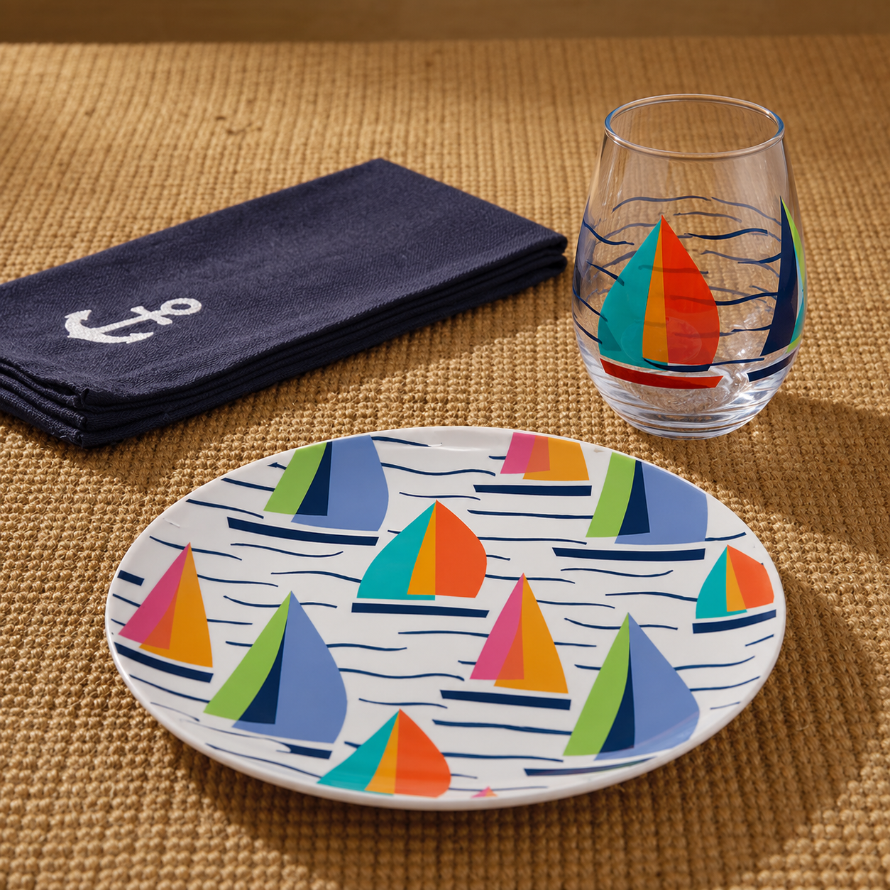 A dinnerware set on a woven tan placemat, featuring a white plate with a colorful sailboat pattern, a matching stemless wine glass, and a folded navy napkin with a white anchor motif.