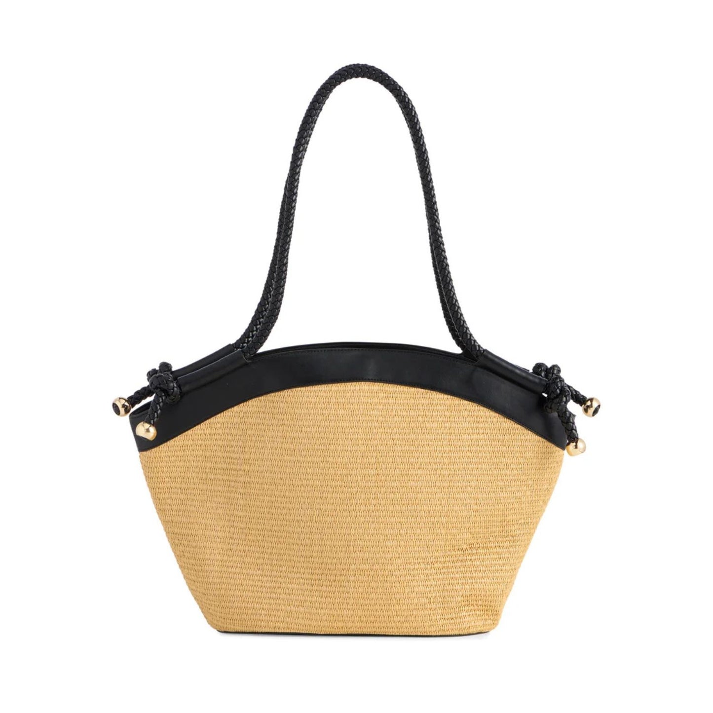 A faux straw handbag with a natural beige woven body, black leather trim, and a black braided shoulder strap, shown against a plain white background.