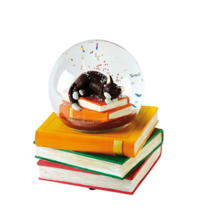 A novelty snow globe figurine featuring a sleeping black cat resting on a stack of colorful books inside a clear glass globe, set against a plain white background.
