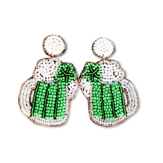 Pair of earrings with green and white beer mugs on a white background