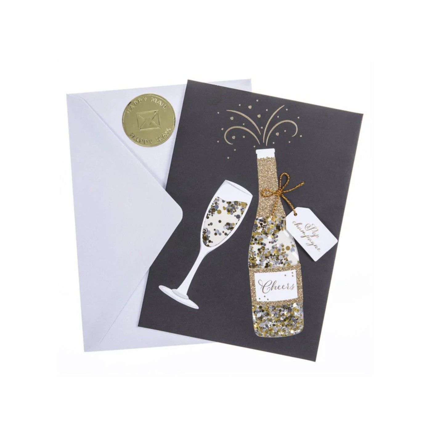 Greeting card with champagne bottle and glass design on a white background