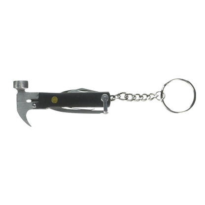 A compact multi-tool keychain featuring a small hammer head, folding tools, and a metal split ring on a plain white background.