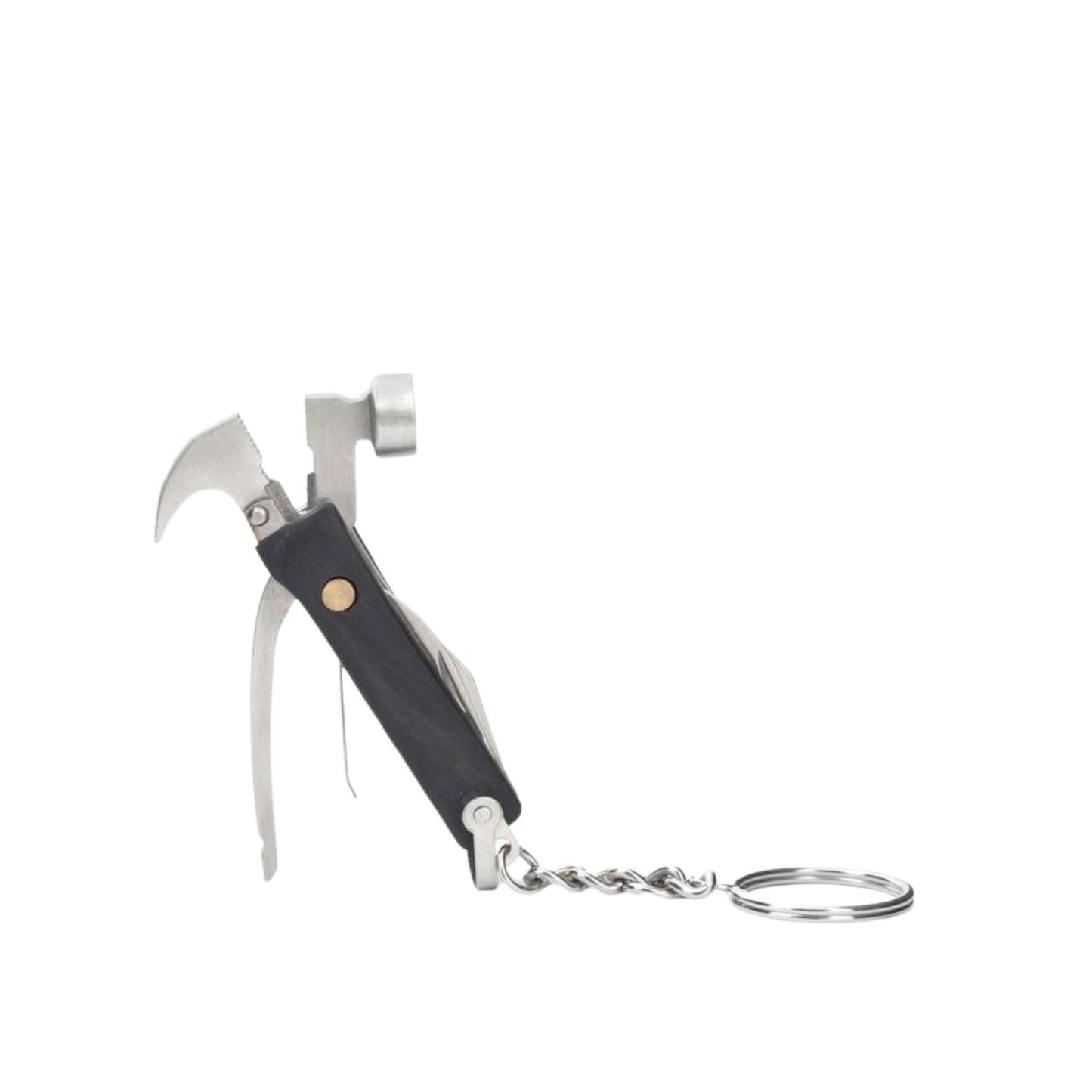 A compact multi-tool keychain with a black handle, silver metal tools including a small hammer, bottle opener, and wire wheel, attached to a split key ring on a plain white background.