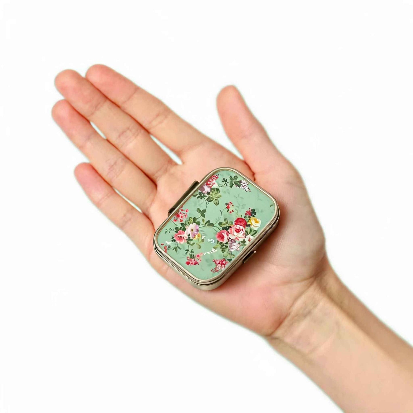 Decorative rectangular pill case with romantic flower pattern and lightweight design