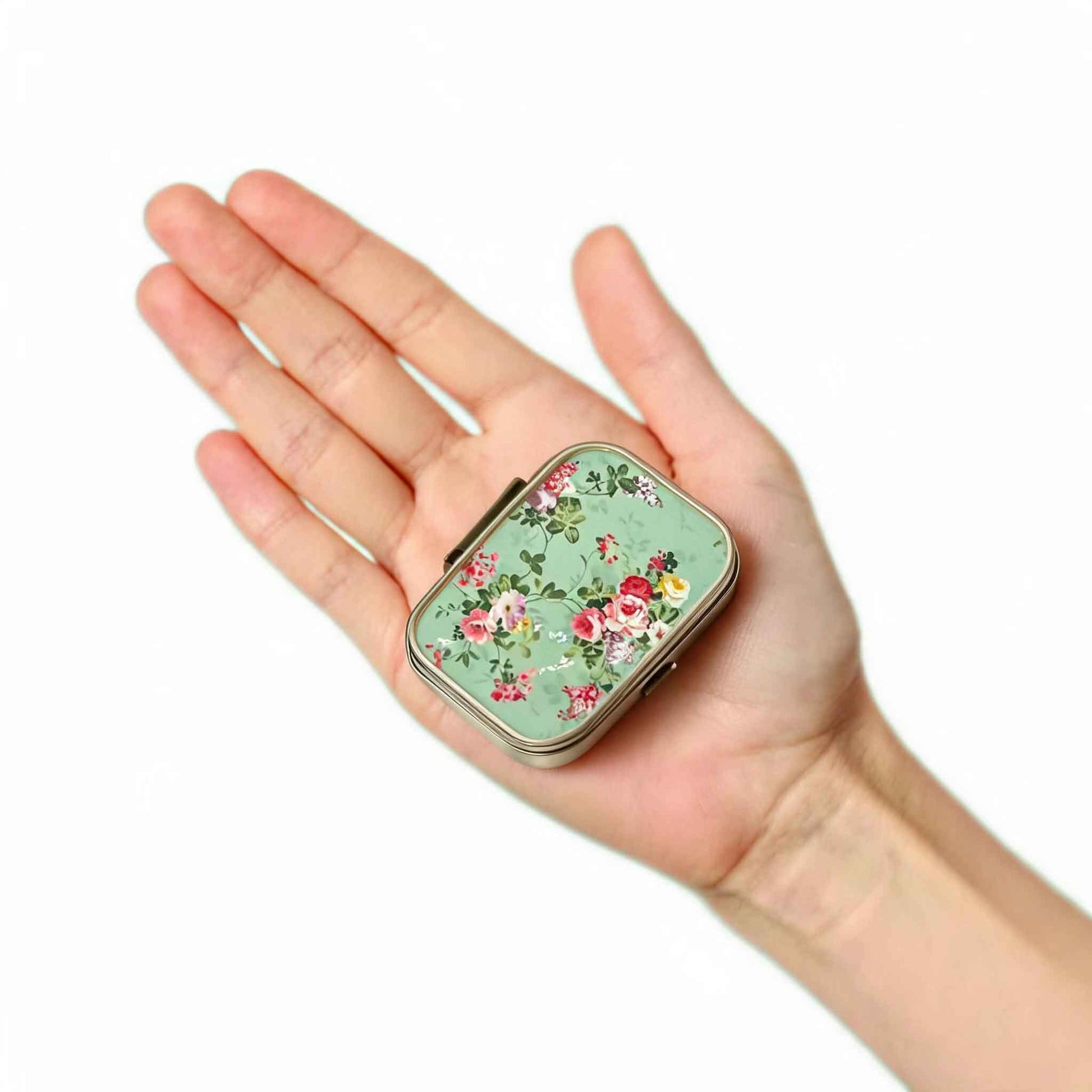 Decorative rectangular pill case with romantic flower pattern and lightweight design