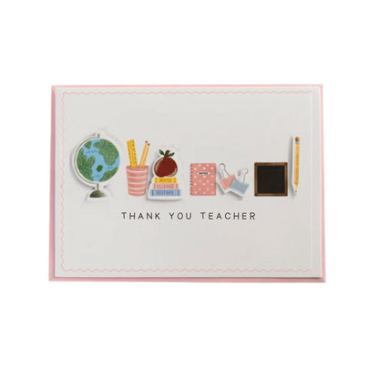 Greeting card with teacher-themed icons and 'Thank you teacher' text on a white background