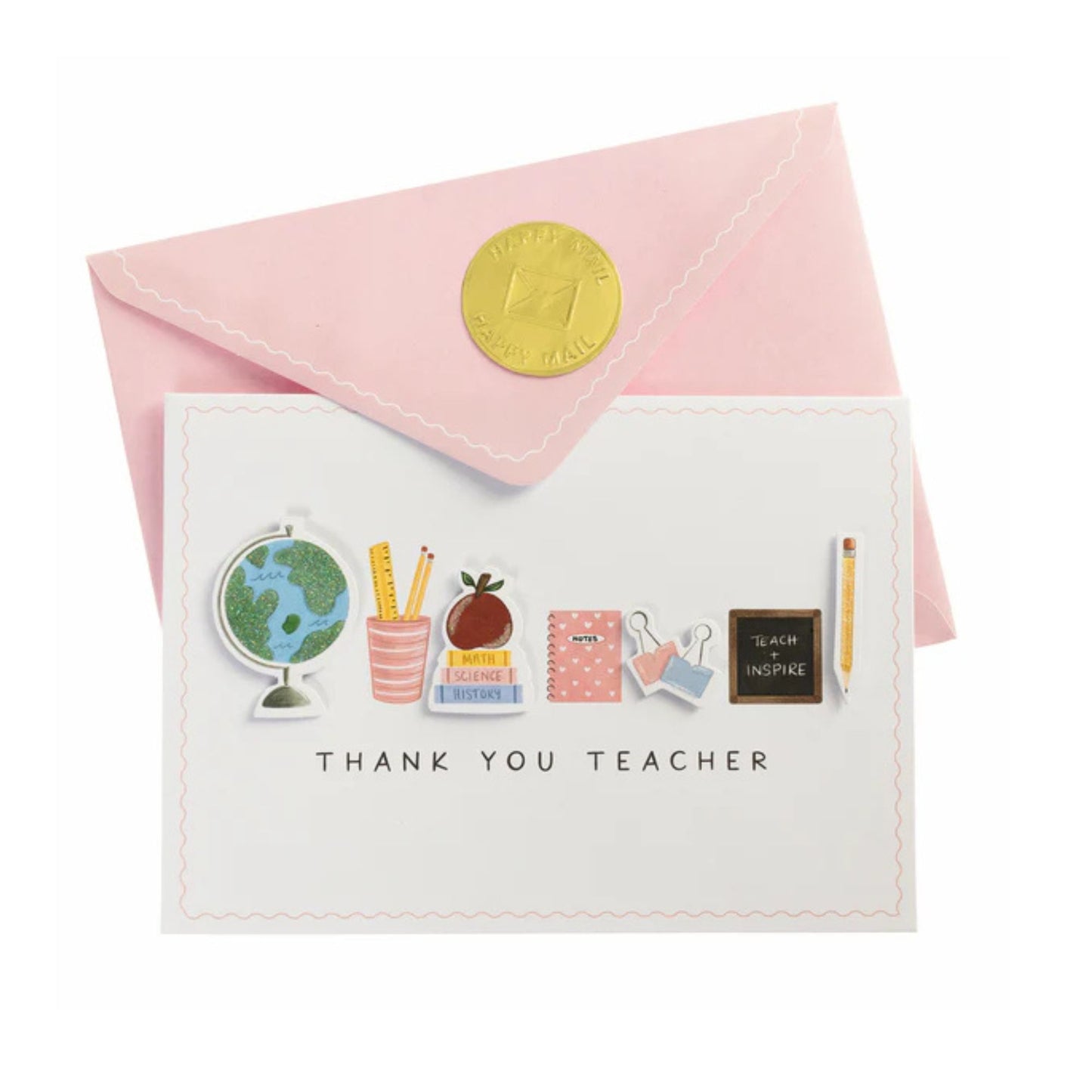 Greeting card with 'Thank you teacher' text and illustrations, featuring a pink envelope.