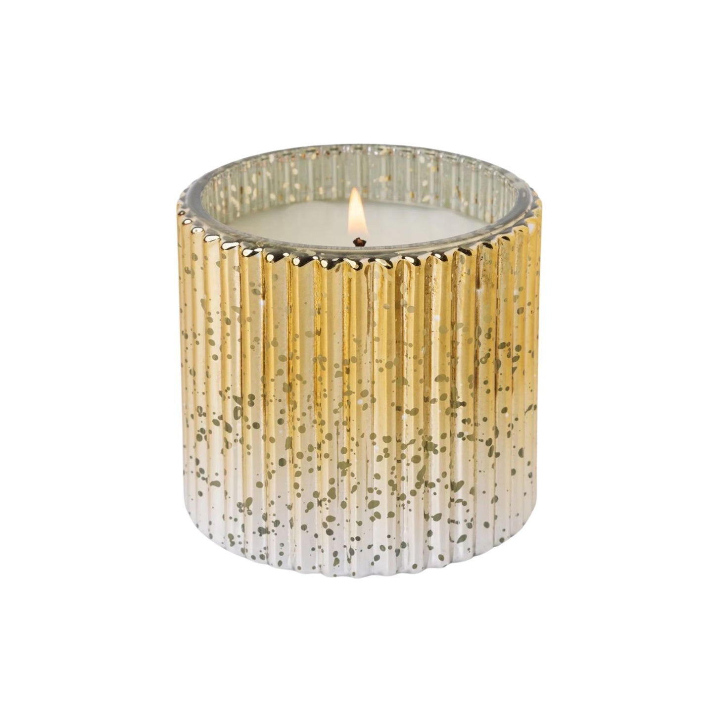 Candle in a decorative glass holder with a gold and white pattern on a white background