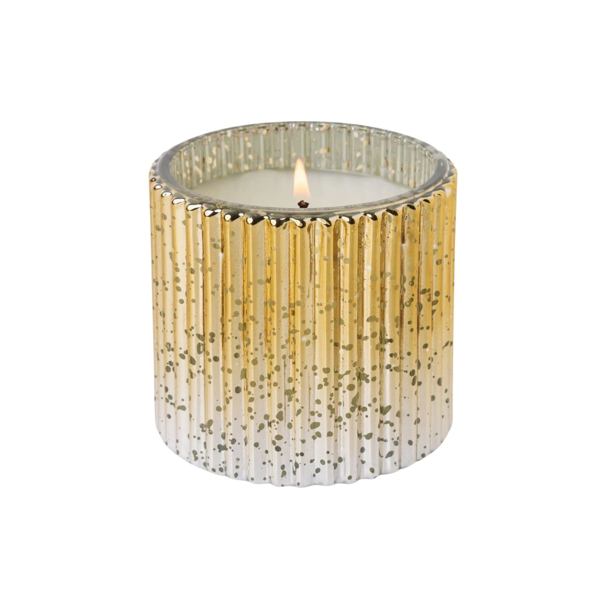 Candle in a decorative glass holder with a gold and white pattern on a white background