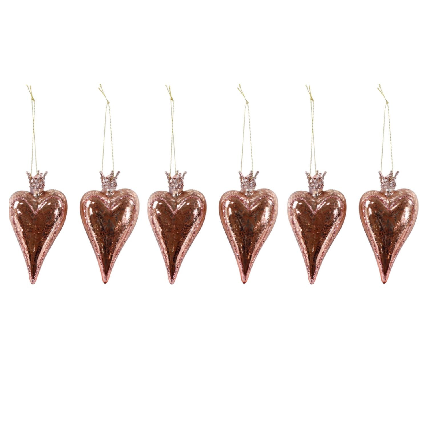 Set of six rose gold heart-shaped ornaments on a white background