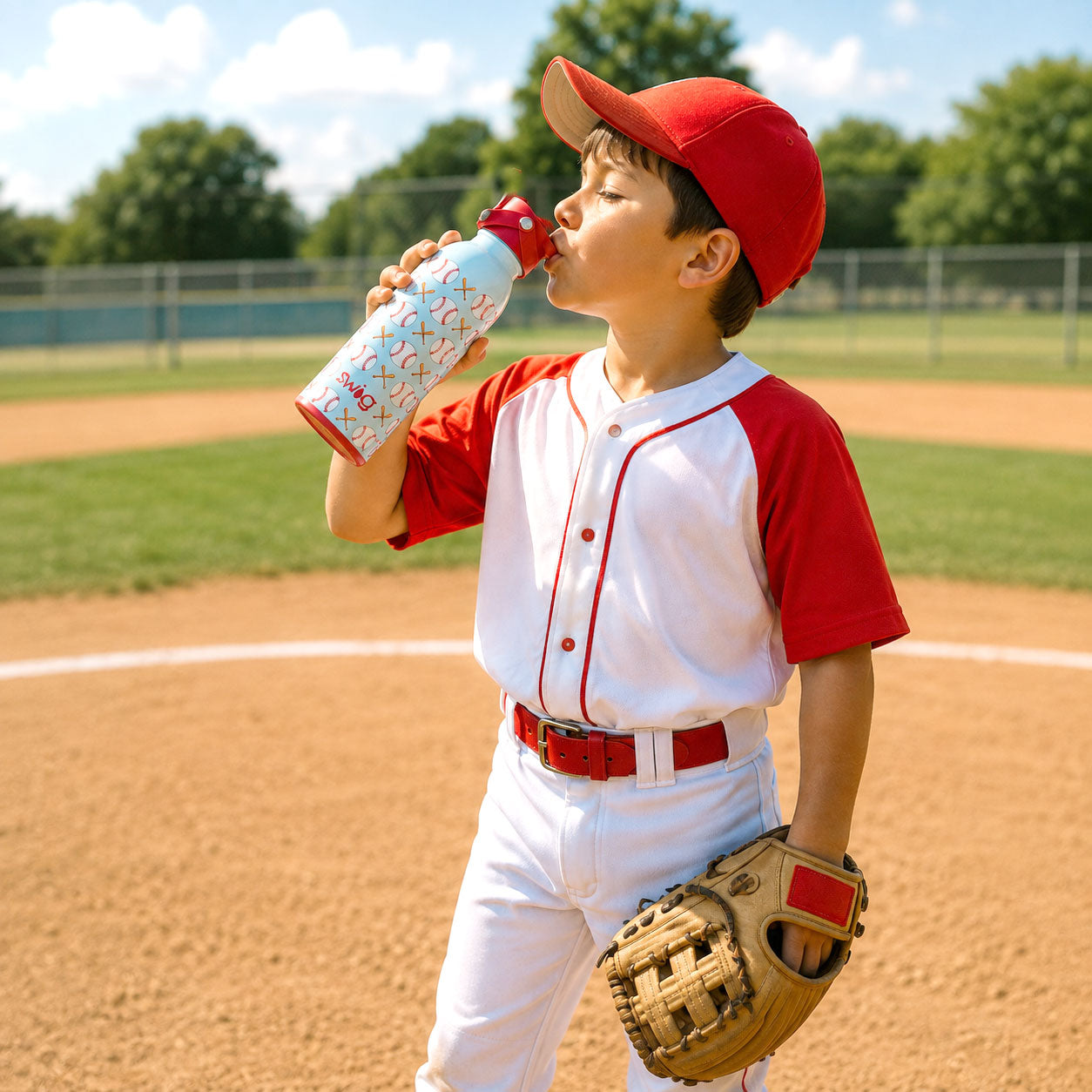 A young baseball player in a red and white uniform stands on a dirt field, drinking from a light blue patterned water bottle while wearing a tan baseball glove.