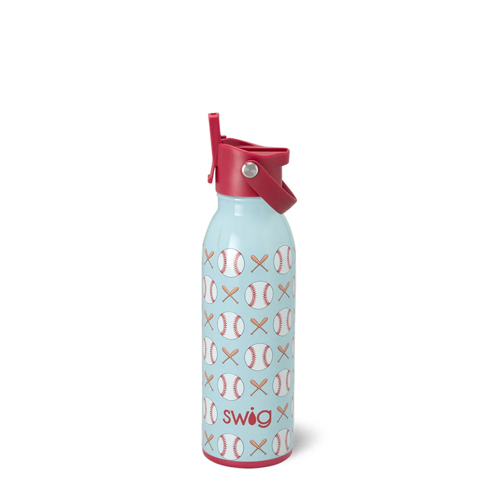 Swig water bottle with baseball and cross pattern on a light blue background