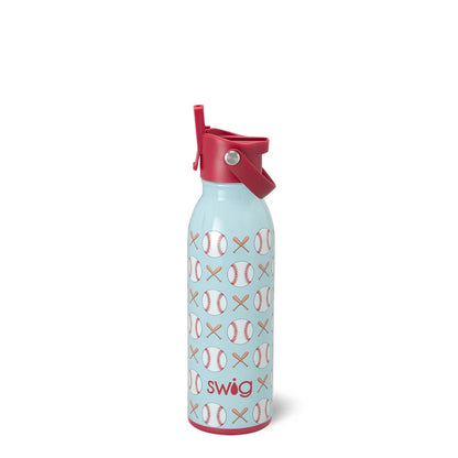 Swig water bottle with baseball and cross pattern on a light blue background