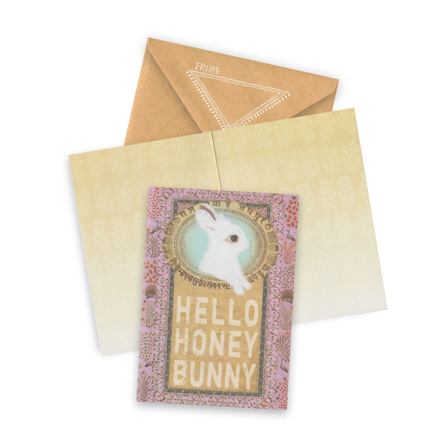 Greeting card with 'Hello Honey Bunny' text and a rabbit illustration, accompanied by a brown envelope on a white background