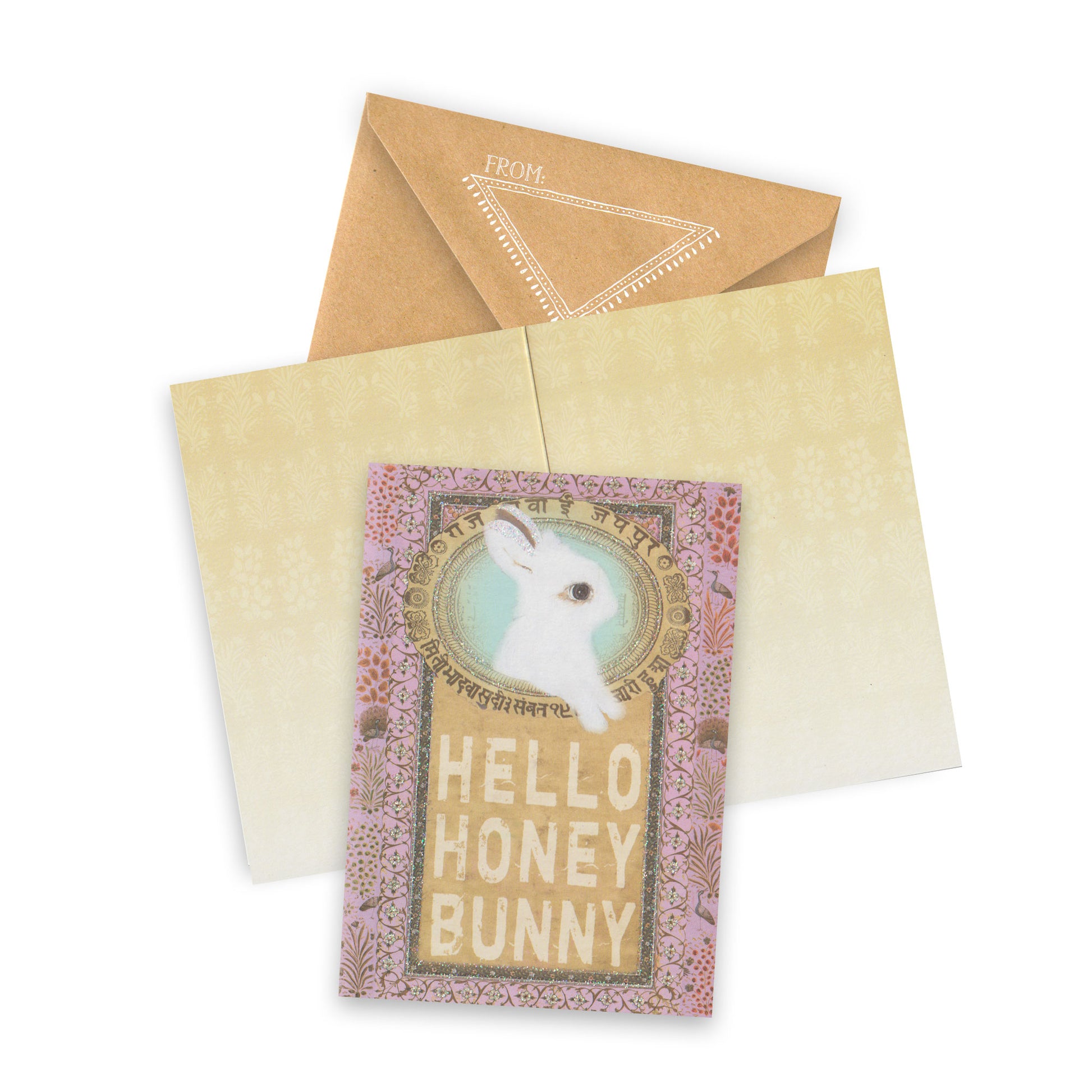 Greeting card with 'Hello Honey Bunny' text and a rabbit illustration, accompanied by a brown envelope on a white background