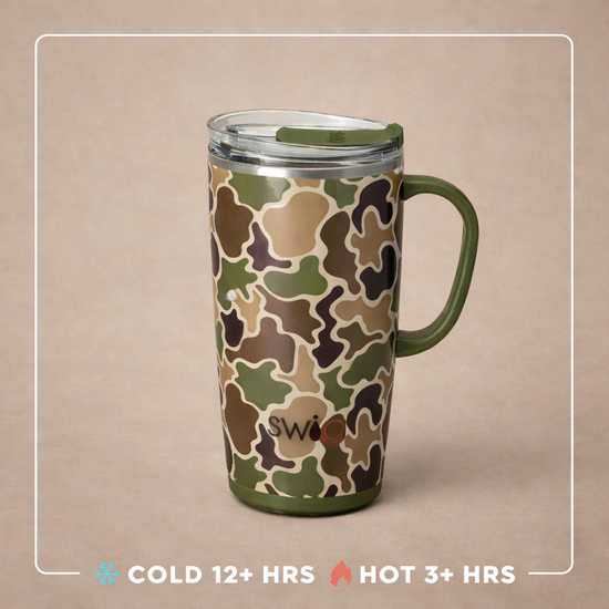 Camouflage-patterned travel mug with a clear lid on a beige background