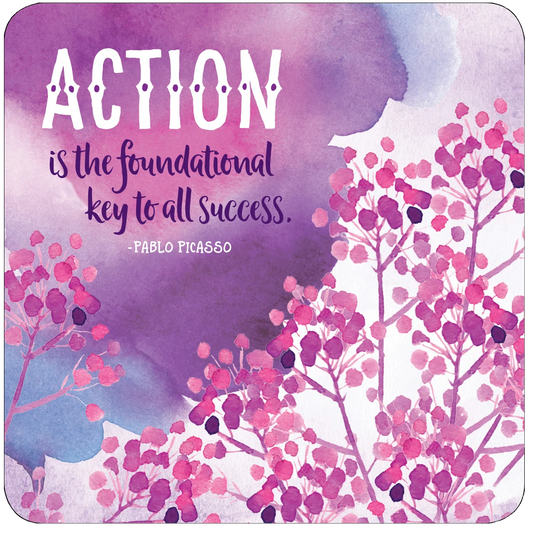 Square art print inspirational card with rounded corners featuring a watercolor design in purple, pink, and blue tones, with the quote 'ACTION is the foundational key to all success. -PABLO PICASSO' overlaid on the artwork.