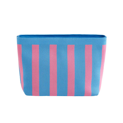 Blue and pink striped container on a white background