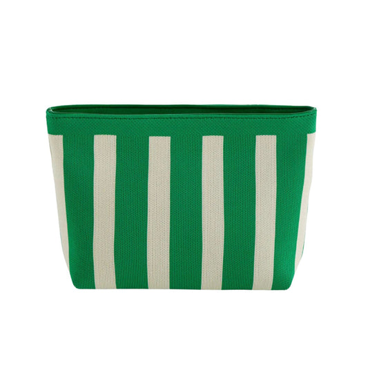 Green and white striped fabric basket on a white background