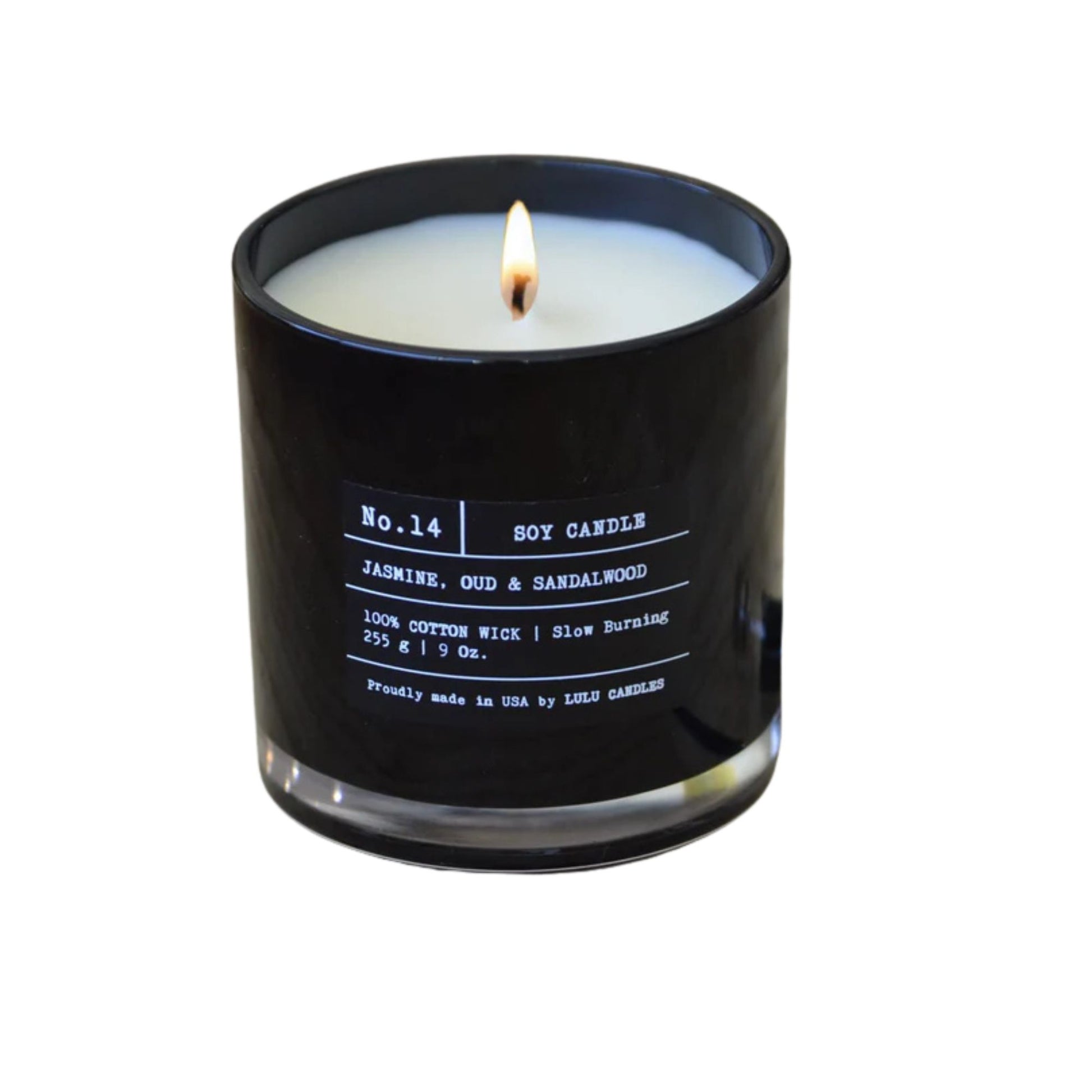 Black soy candle with a white label on a white background