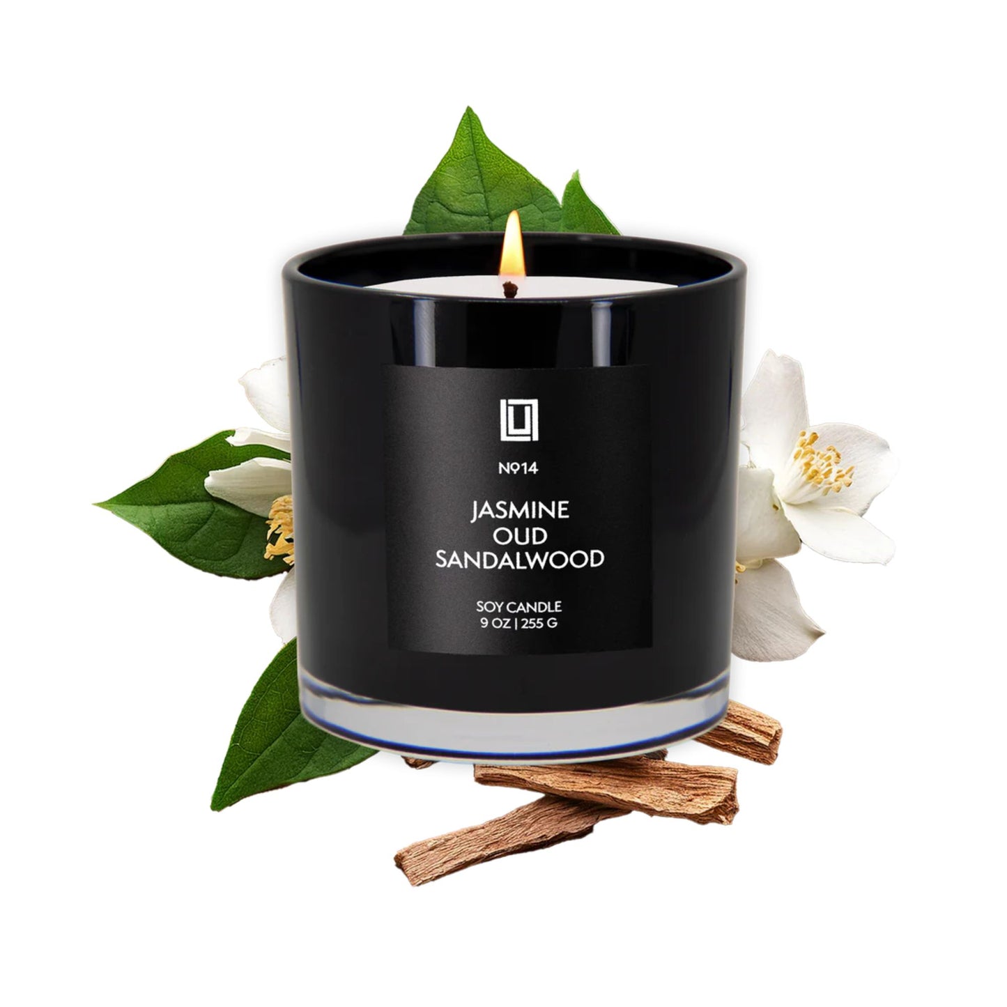 Black candle labeled 'Jasmine Oud Sandalwood' with floral and wood elements on a white background