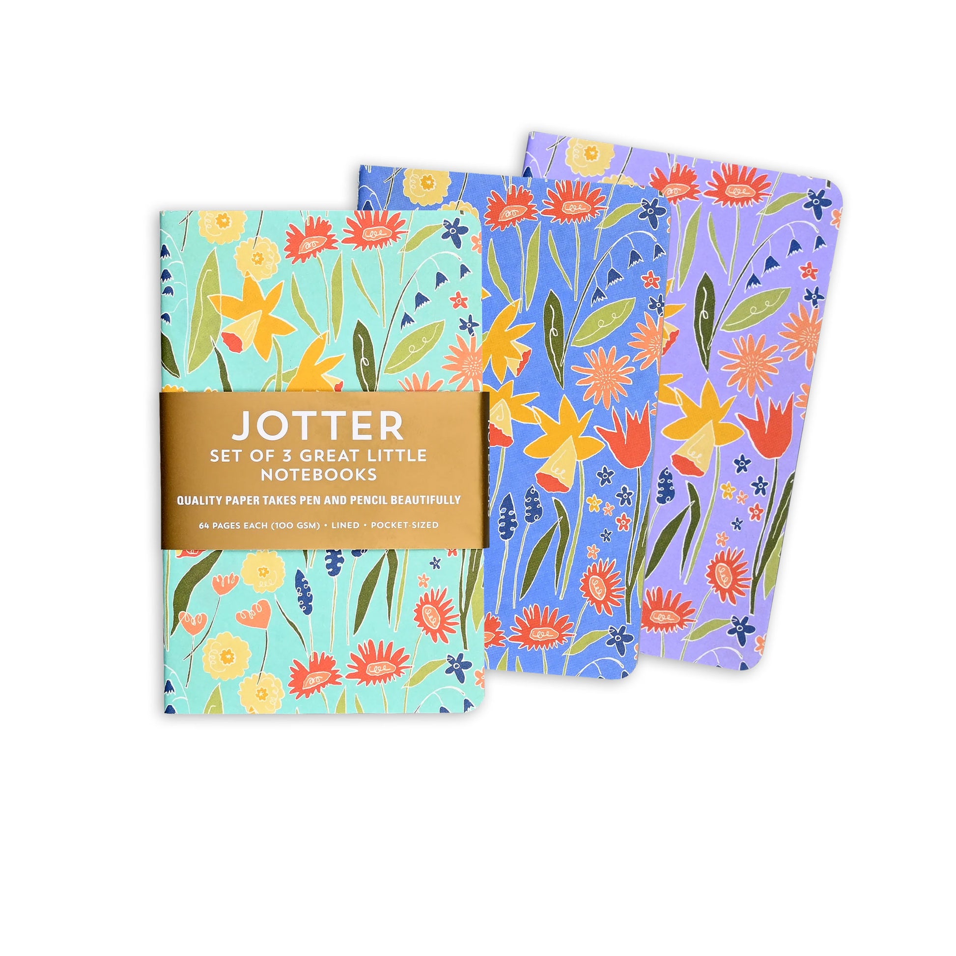 Set of three floral notebooks with 'Jotter' branding on a white background