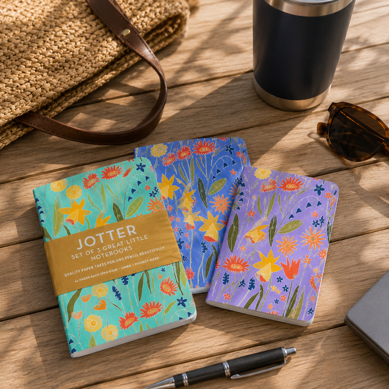 Set of three floral notebooks on a wooden surface with a pen, sunglasses, and a cup.