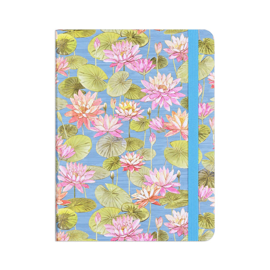 Notebook with pink waterlilies design on a blue background