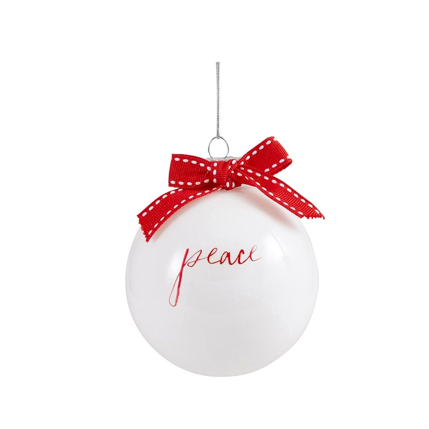 White glass Christmas ornaments with Peace lettering and red ribbon bow